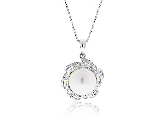 10mm Freshwater Cultured Pearl And Diamond Pendant In 14k White Gold - PEN01008