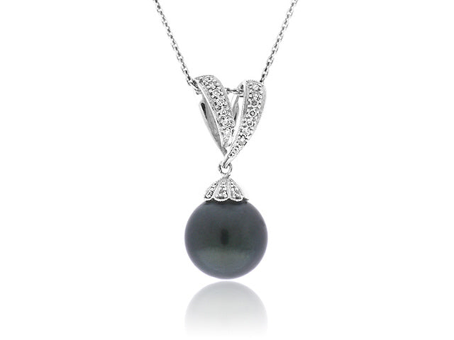 13mm Cultured Tahitian Pearl And Diamond Pendant In 18k White Gold - PEN01010