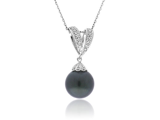 13mm Cultured Tahitian Pearl And Diamond Pendant In 18k White Gold - PEN01010
