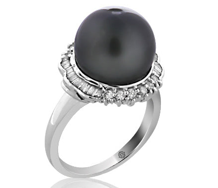 12mm Tahitian Cultured Pearl And Diamond Ring In 14k White Gold - R01560