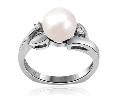 7.5mm Freshwater Cultured Pearl And Diamond Ring In 14k White Gold - R01578