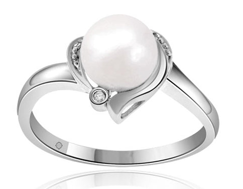 8mm Freshwater Cultured Pearl And Diamond Ring In 14k White Gold - R10061