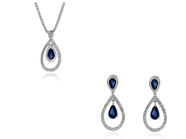 3.05 Carat 14k White Gold Sapphire And Diamond Earrings And Pendant Set - SET0000