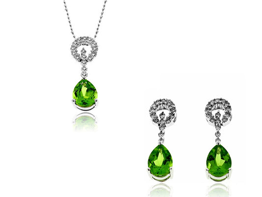 4.77 14k White Gold Peridot And Diamond Earrings And Pendant Set - SET0003