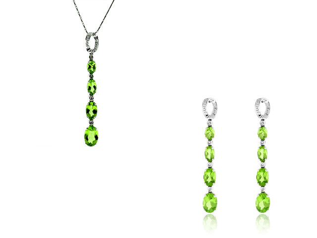 9.57 Carat 14k White Gold Peridot And Diamond Earrings And Pendant Set - SET0008