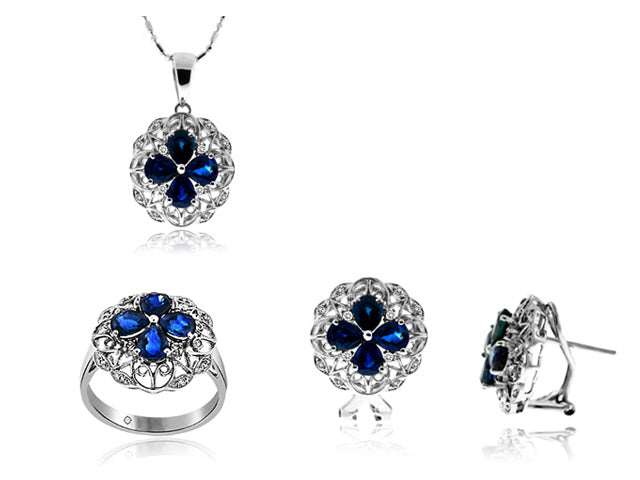 8.69 Carat 14k White Gold Sapphire And Diamond Earrings And Pendant Set - SET0010