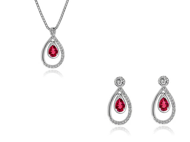 1.55 Carat 14k White Gold Ruby And Diamond Earrings And Pendant Set - SET0012