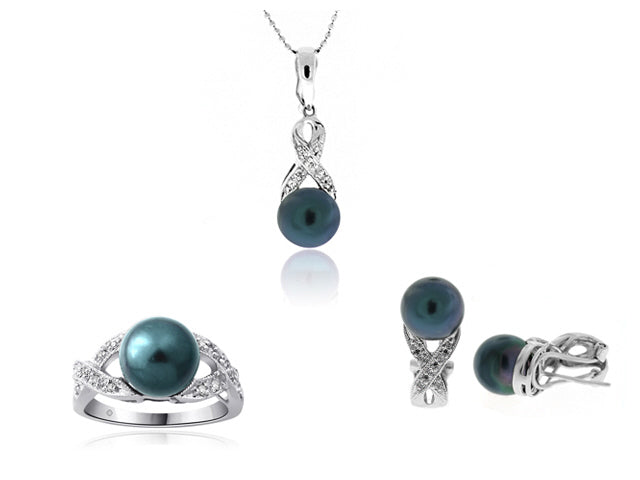 7-9mm Freshwater Cultured Pearl And Diamond Set In 14k White Gold - SET0015