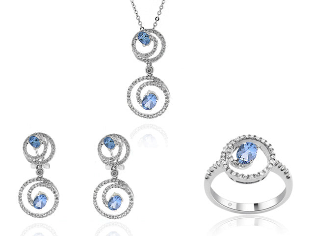 3.85 Carat 14k White Gold Blue Topaz And Diamond Earrings, Pendant And Ring Set - SET0031