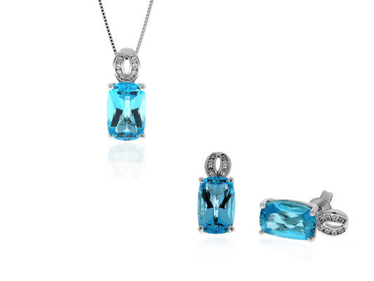 12.80 Carat 14k White Gold Blue Topaz And Diamond Earrings And Pendant Set - SET0033